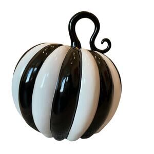 Modern Black & White Striped Pumpkin 12in Chic Fall Designer Home Decor NEW